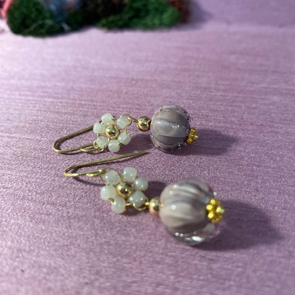 Elegant Gold and Cream Floral Earrings